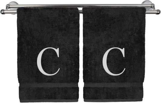 Monogrammed Hand Towel, Personalized Gift, Set of 2- White Block Letter Embroidered Towel - Extra Absorbent 100% Turkish Cotton - Soft Terry Finish - Initial C Black