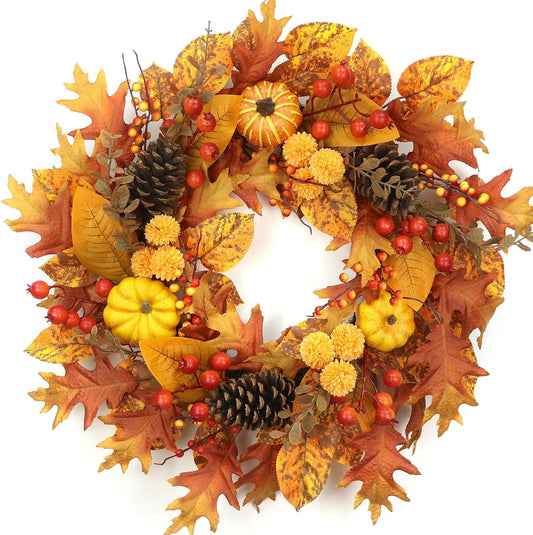 24" Fall Wreath for Front Door - Artificial Autumn Wreath with Maple Leaves, Pine Cones, Pumpkins & Berries - Thanksgiving & Halloween Decor for Indoor/Outdoor Use
