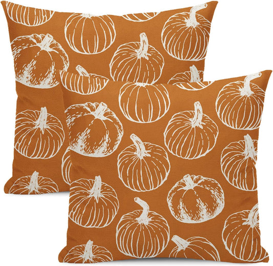 Fall Throw Pillow Covers 18 x 18 Set of 2 Autumn Orange Burnt Pumpkin Pillow Covers Fall Harvest Thanksgiving Decoration Pillowcase Farmhouse Linen Cushion Case for Home Sofa Outdoor Decor