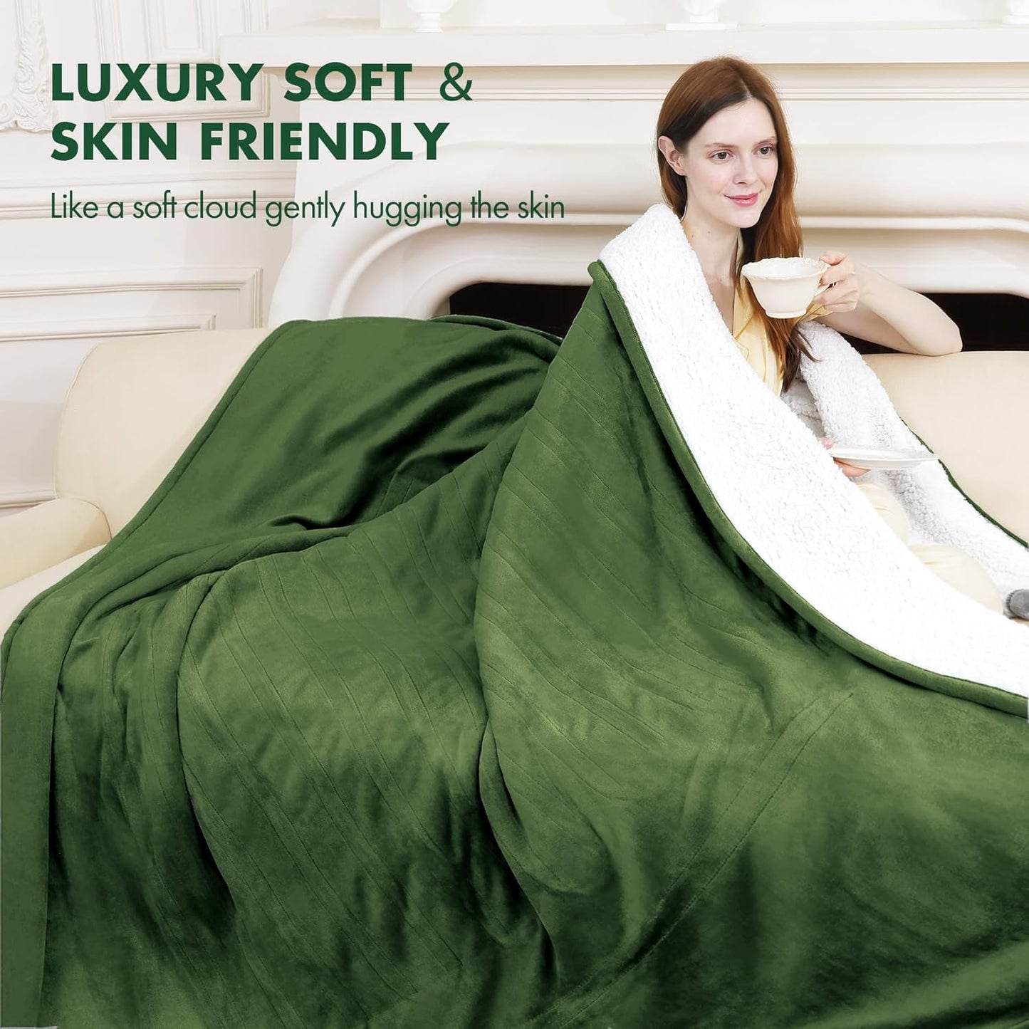Electric Throw Blanket 50" x 60" - Soft Flannel Sherpa Heated Lap Blanket with 5 Heating Levels & 4 Hours Auto Off, Electric Throw Blanket as a Gift for Grandma, Machine Washable (Green)
