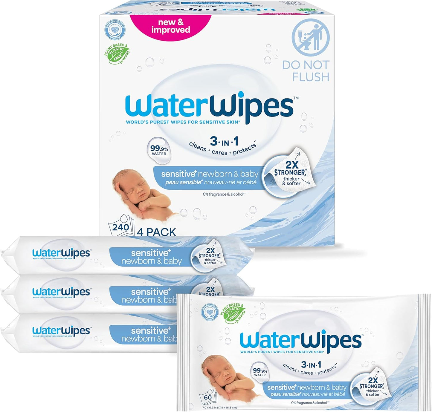 WaterWipes Sensitive+ Newborn & Baby Wipes, 3-In-1 Cleans, Cares, Protects, 99.9% Water, Unscented & Hypoallergenic, 240 Count (4 Packs)
