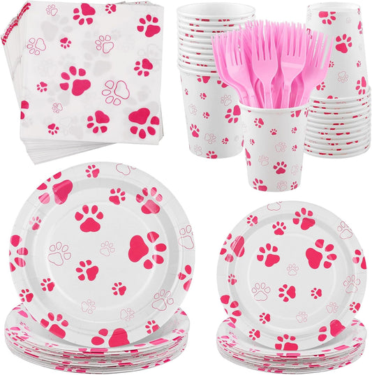 144 Pieces Pink Paw Print Party Tableware Sets Including Disposable Plates Napkins Cups Forks Serves 24 for Dog Puppy Theme Party Supplies