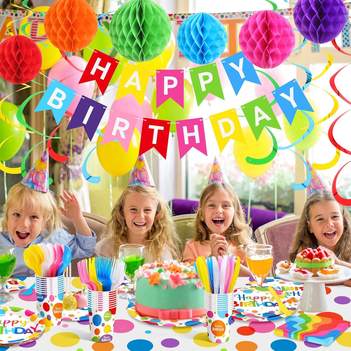 Zhehao Serves 129 Pcs Happy Birthday Party Supplies Set with Plates Napkins Cups Cutlery Rainbow Dot Birthday Decorations Kit Banner Tablecloth Hanging Honeycomb Balls Garland for Birthday Party
