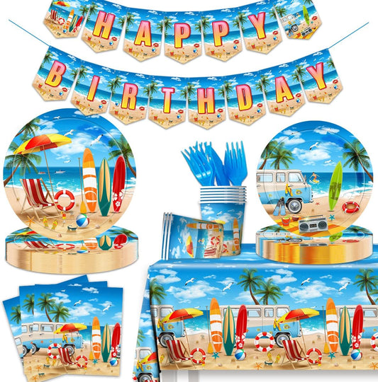 Beach Birthday Party Supplies - 142PCS Hawaiian Pool Party Decoration Including Beach Dinner Plates,Tablecloth for Summer Beach Tropical Baby Shower Birthday Decoration