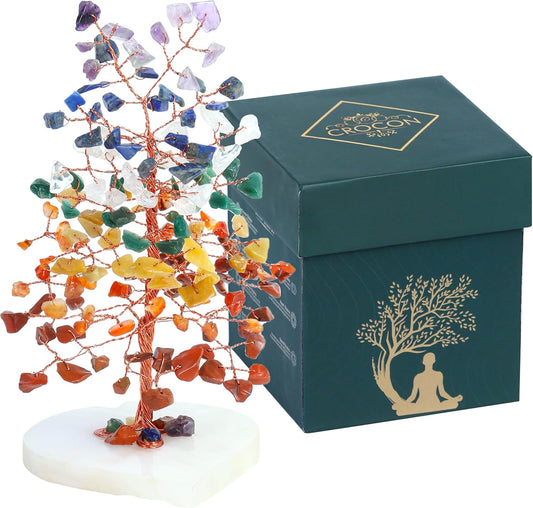 Crocon Crystal Heart Base Tree of Life Gifts for Women, Seven Chakra Healing Crystals Tree Brings Positive Energy, Good Luck, Money, Feng Shui Home & Office Desk Decor, for Dad Mom & Wife Present