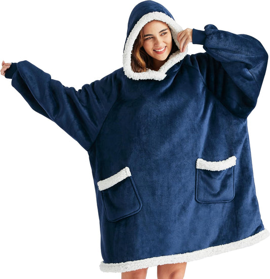 Bedsure Blanket Hoodie, Wearable Blanket for Adults & Kids as Gifts for Women Men, Birthday Gifts for Women Mom Girl Sherpa Oversized Hoodie, Navy, Standard