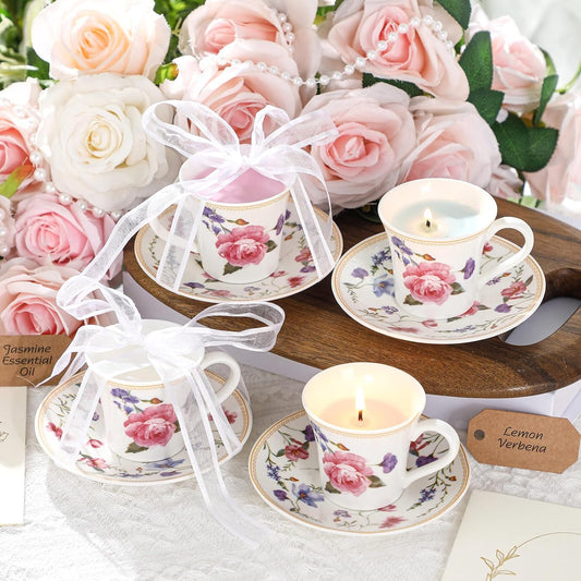 Nuanchu 4 Set Mini Vintage Tea Cup Candle Floral Cups with Saucer Tea Party Candles Gifts Oils Aromatherapy for Meditation Relief Mood Bridal Wedding Birthday Gift(Colorful)