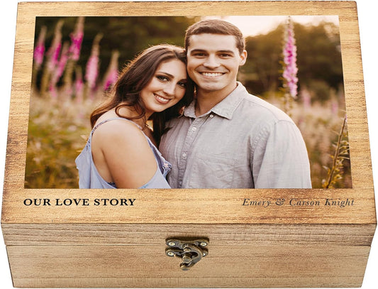 Let's Make Memories Personalized Wooden Keepsake Box With Hinged Lid - Wood Memento Box - Decorative Storage - Home Decor - For Couples, Wedding, Newlyweds - Upload Your Photo - Our Love Story