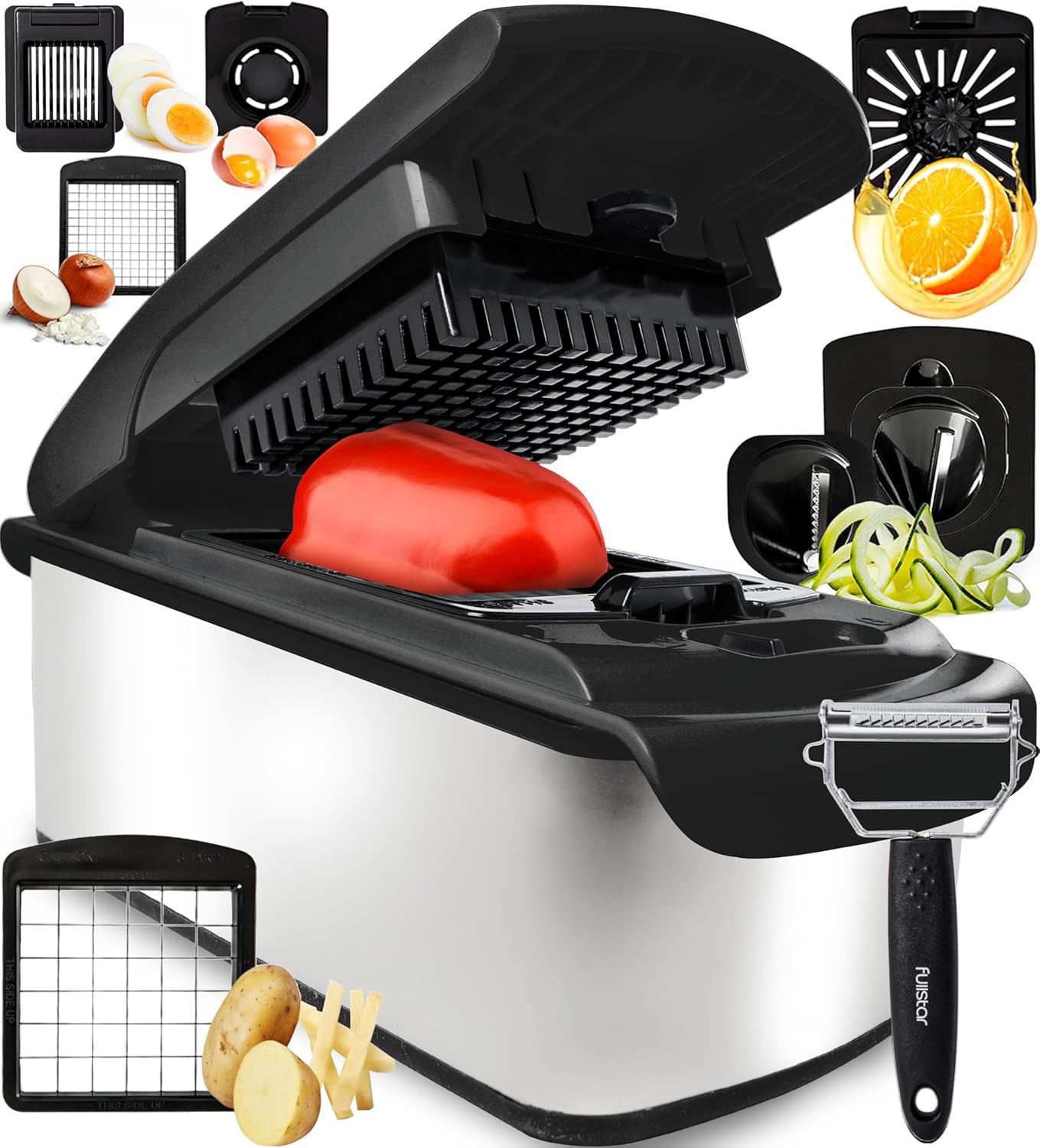 Fullstar The Original Pro Chopper - Vegetable Chopper and Spiralizer, Food Chopper with Container, Fruit Slicer, Kitchen Gadgets & Accessories, Home Essentials (9 in 1, Stainless Steel)