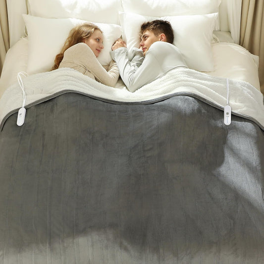 Electric Blanket Queen 84" x 90" - Flannel Sherpa Heated Blanket with Dual Control, 5 Heating Levels & 10 Hours Auto Off, Washable Heated Blanket with Overheat Protection for Home (Grey)