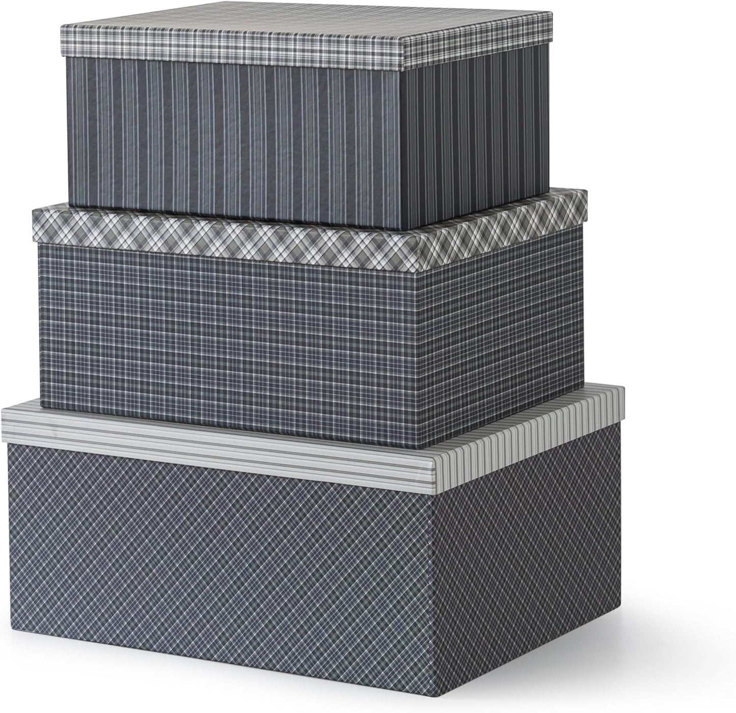 Soul & Lane Classic Plaid Christmas Blue Gift Boxes - Set of 3 - Holiday Decor Checkered Cardboard Storage Box, Decorative Keepsake Boxes with Lids for Presents, Clothing, Decoration