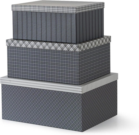 Soul & Lane Classic Plaid Christmas Blue Gift Boxes - Set of 3 - Holiday Decor Checkered Cardboard Storage Box, Decorative Keepsake Boxes with Lids for Presents, Clothing, Decoration