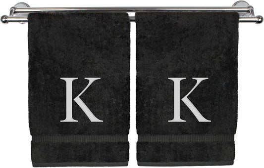 Monogrammed Hand Towel, Personalized Gift, Set of 2- White Block Letter Embroidered Towel - Extra Absorbent 100% Turkish Cotton - Soft Terry Finish - Initial K Black