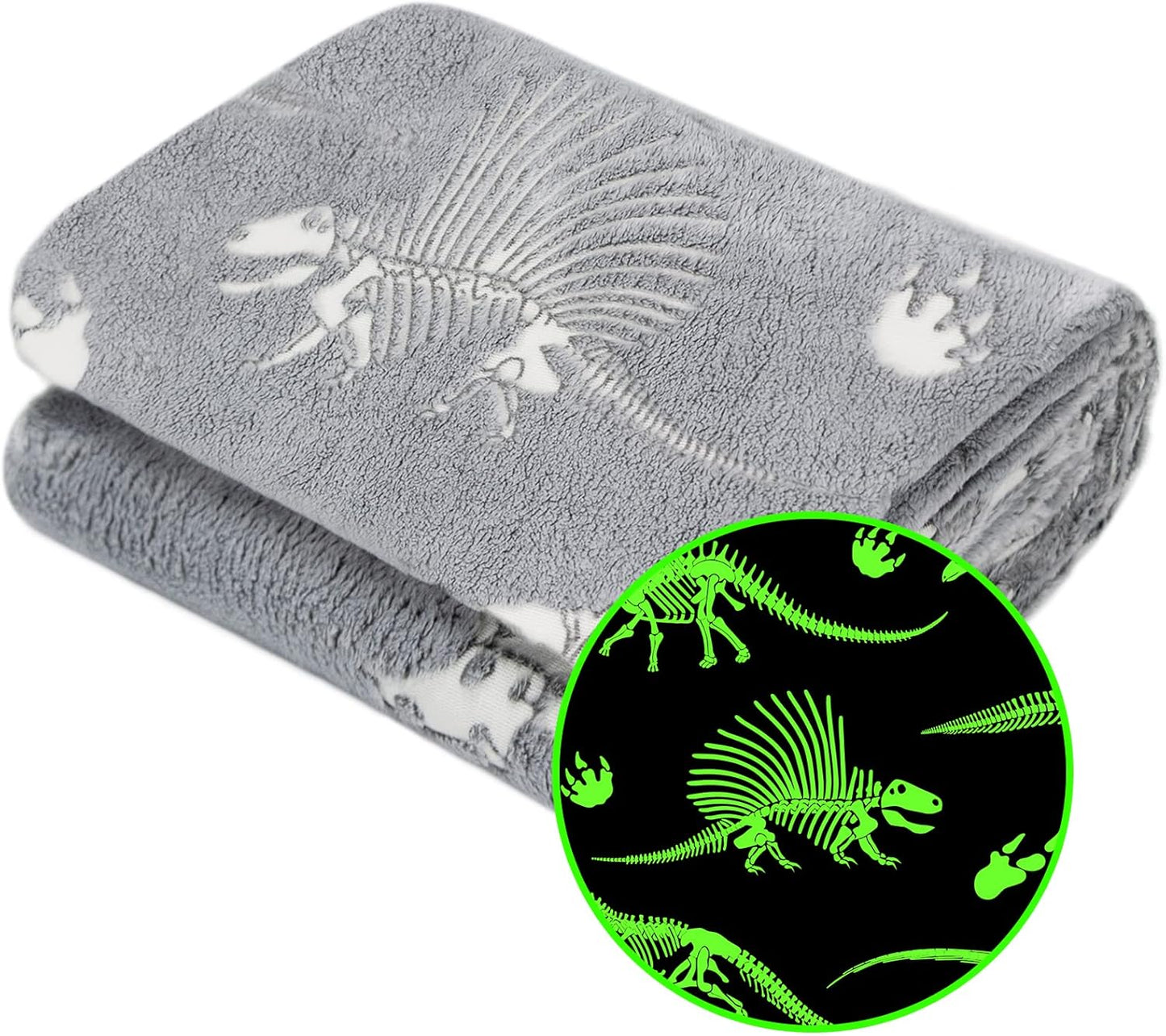 Glow in The Dark Dinosaur Blanket for Boys & Kids - Soft, Cute Dino Blanket, Gray Glowing, 90x108 inch