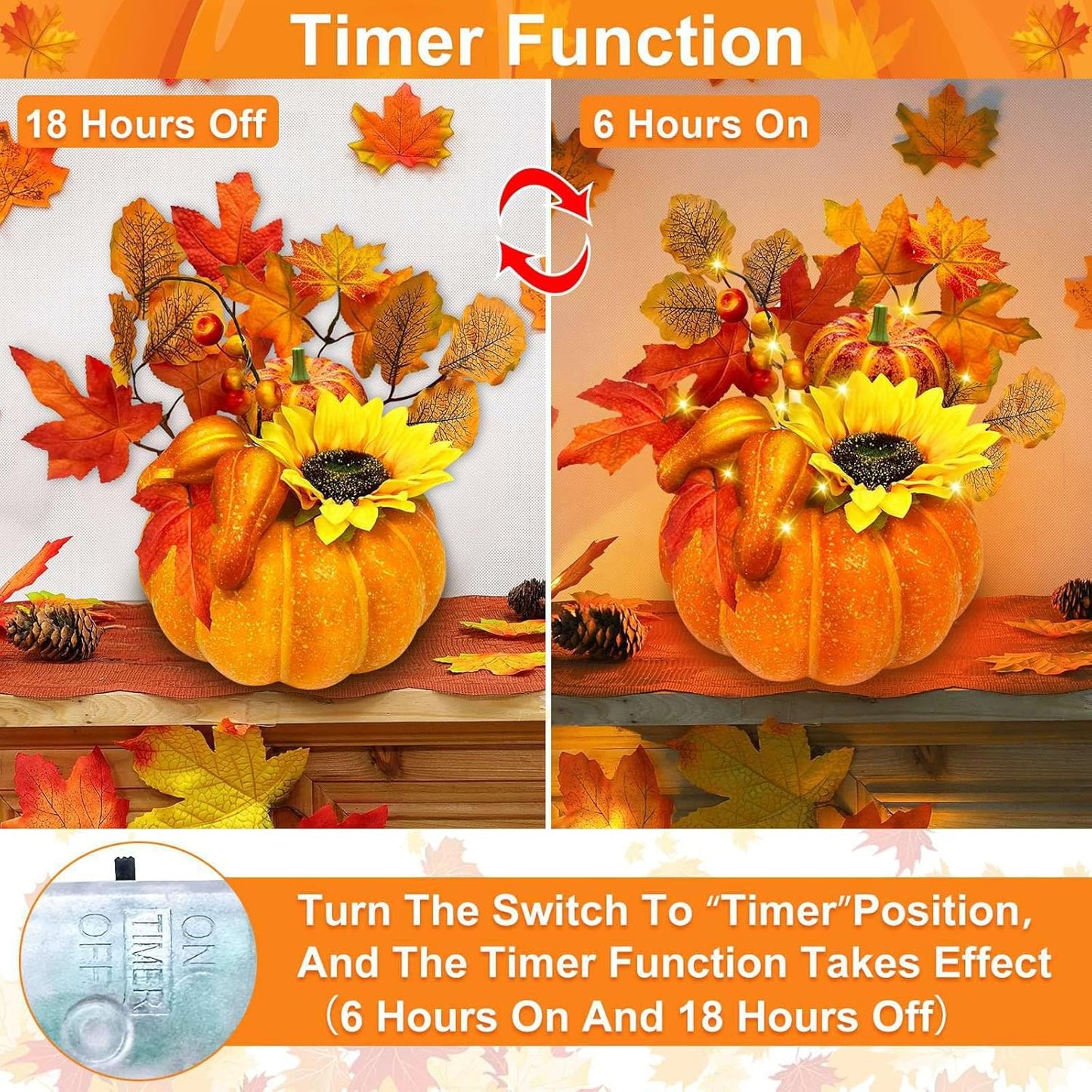 [Timer & Prelit] Thanksgiving Decorations Fall Decorations for Home, Artificial Fake Pumpkin with Maples Leaves Sunflower Berried 20 LED Lights Halloween Fall Centerpieces for Tables Home Porch Indoor