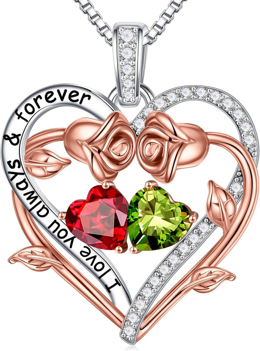Iefil Rose Heart Double Birthstone Necklace Gifts for Wife Her Mom Women, Birthstone Jewelry Gemstone Birthday Gifts for Girlfriend Grandma Her Wife Women