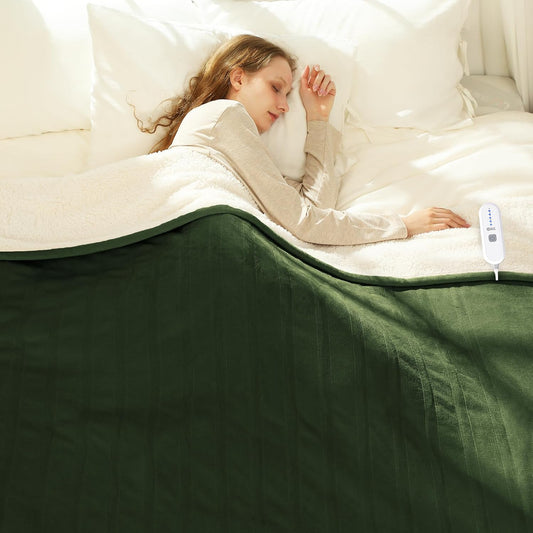 Electric Heated Blanket Twin 62" x 84" - Soft Flannel Sherpa Electric Blanket with 5 Heating Levels & 10 Hours Auto Off, Heating Blanket Twin as a Gift for Grandma and ETL Certified (Green)