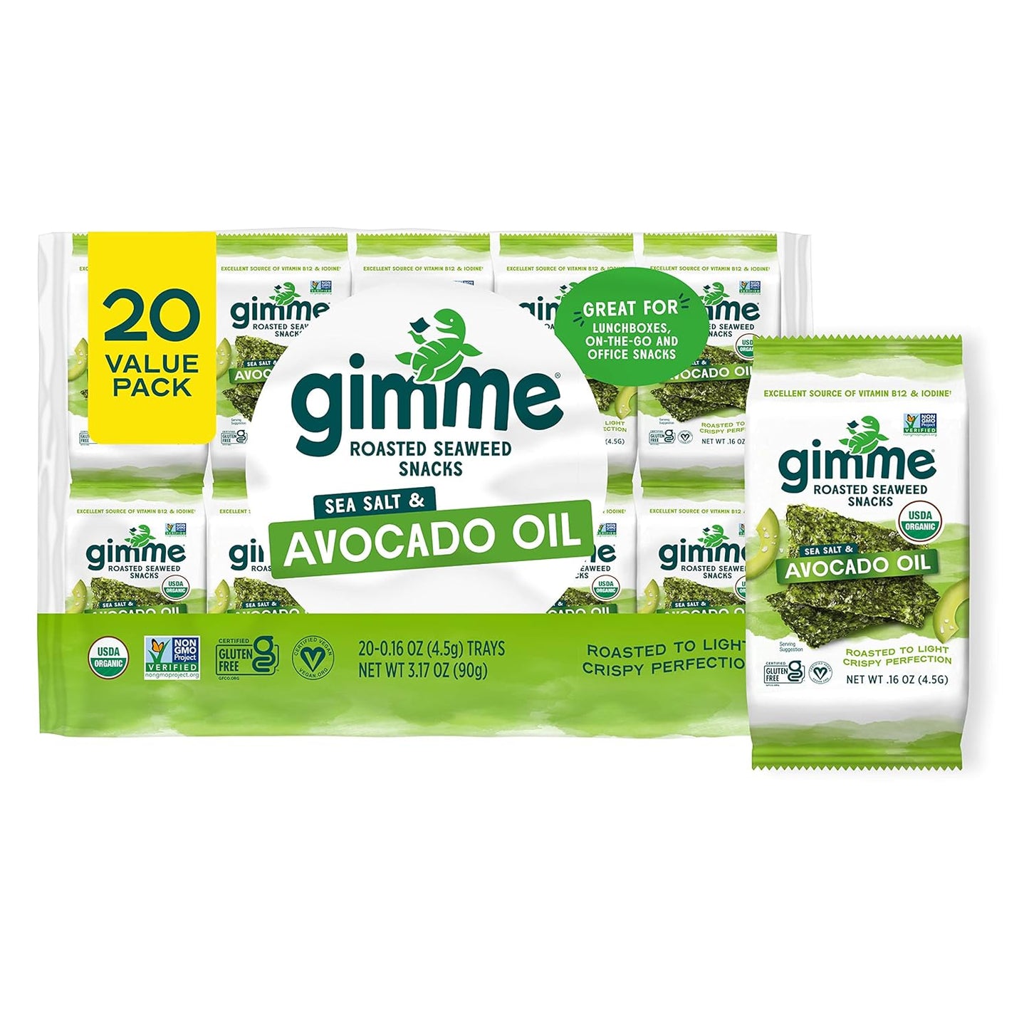 Gimme Seaweed Organic Premium Roasted Seaweed Snacks, Sea Salt & Avocado Oil, 20 Count, Keto, Vegan, Gluten-Free, Great Source of Omega3s and Iodine, Healthy On-The-Go Snack for Kids and Adults