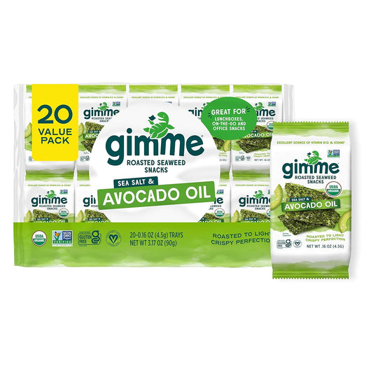 Gimme Seaweed Organic Premium Roasted Seaweed Snacks, Sea Salt & Avocado Oil, 20 Count, Keto, Vegan, Gluten-Free, Great Source of Omega3s and Iodine, Healthy On-The-Go Snack for Kids and Adults