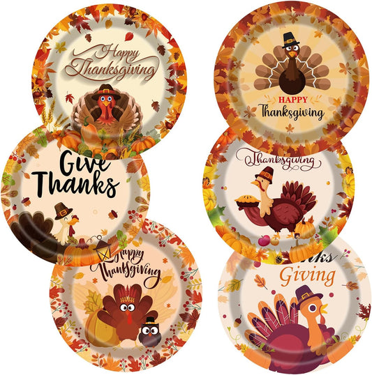 Thanksgiving Turkey Plates 60Pcs 9 Inch Fall Paper Plates With Autumn Maple Leaves Pumpkins for Turkey Party Decoration Supplies
