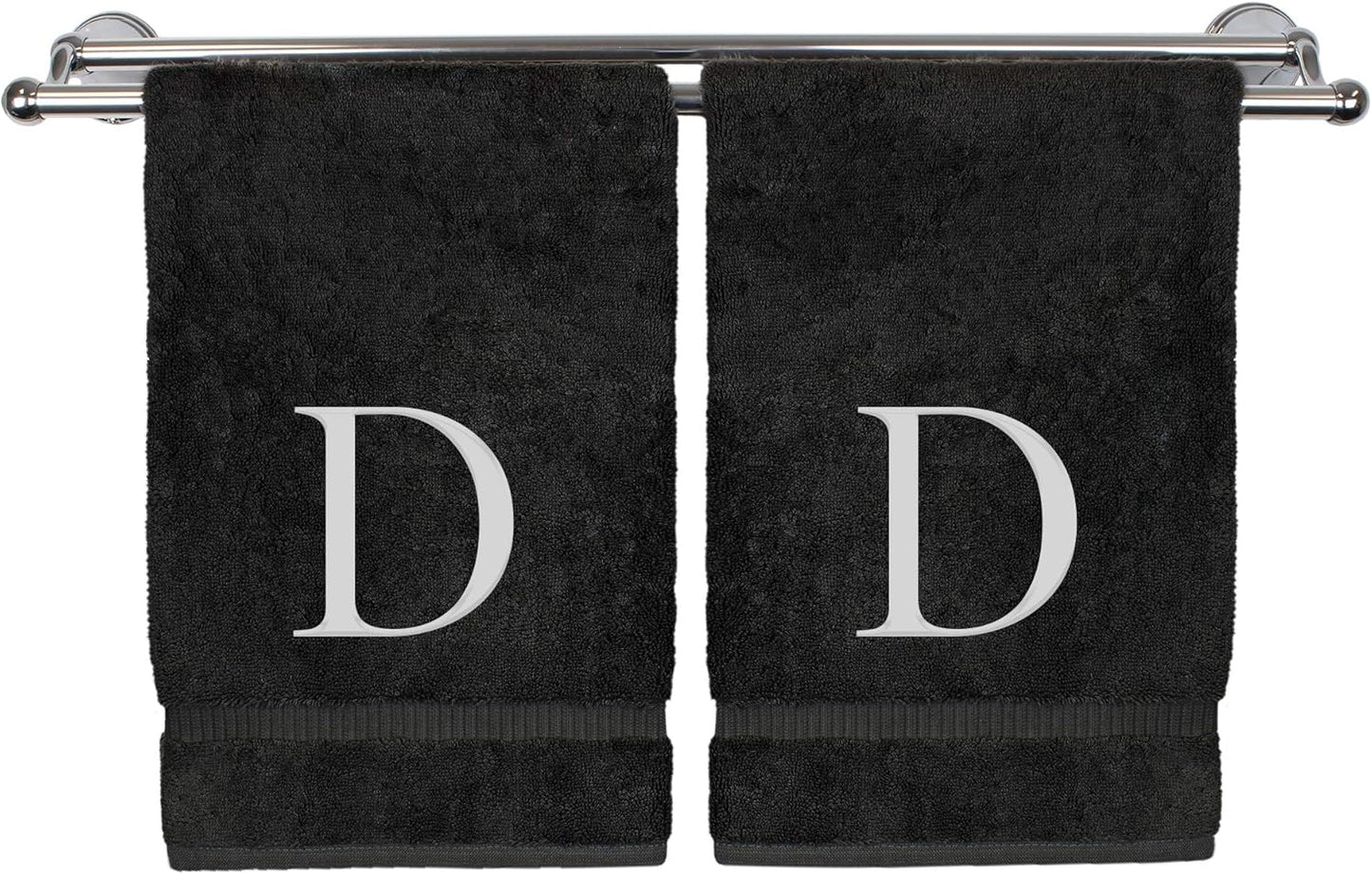 Monogrammed Hand Towel, Personalized Gift, Set of 2- White Block Letter Embroidered Towel - Extra Absorbent 100% Turkish Cotton - Soft Terry Finish - Initial D Black