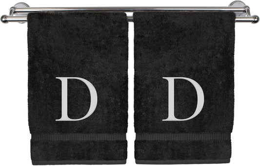 Monogrammed Hand Towel, Personalized Gift, Set of 2- White Block Letter Embroidered Towel - Extra Absorbent 100% Turkish Cotton - Soft Terry Finish - Initial D Black