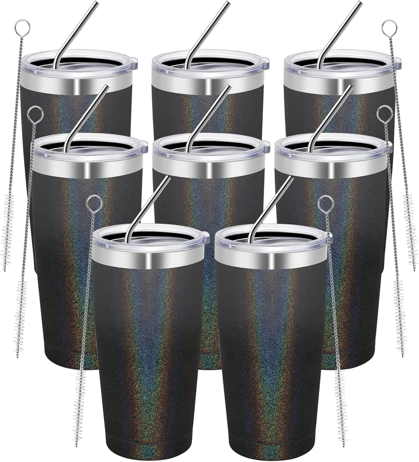 MEWAY 20oz Tumbler 8 Pack Double Wall Vacuum Insulated Travel Glitter Mug Bulk, Stainless Steel Tumblers with Lid and Straw, Powder Coated Coffee Cups for Woman(Gradient Black or Navy,Set of 8)