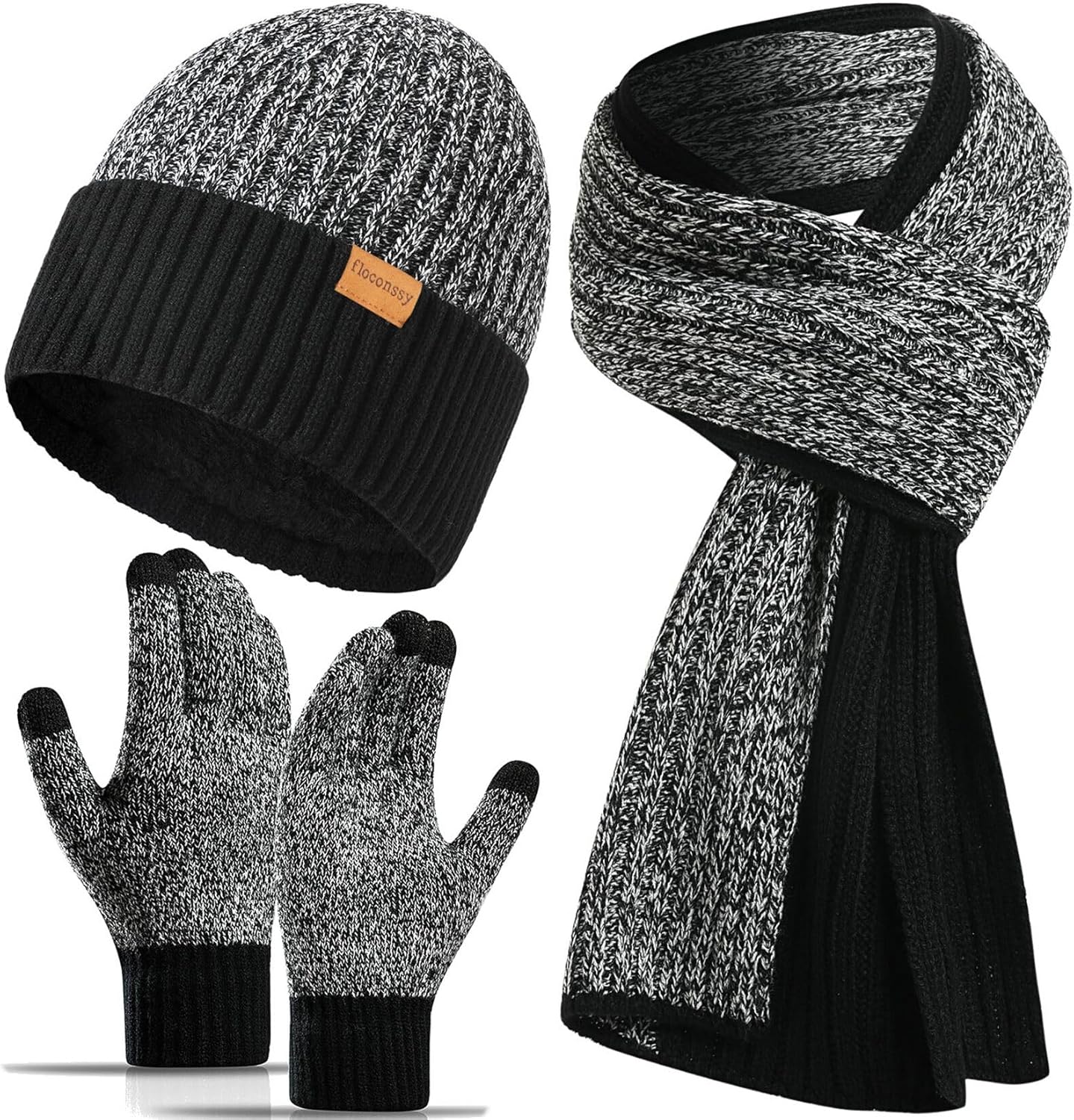 Men's Winter Hat Scarf Gloves Set, 3 PCS Warm Beanie Long Scarf Fleece Lined Touchscreen Gloves for Cold Weather