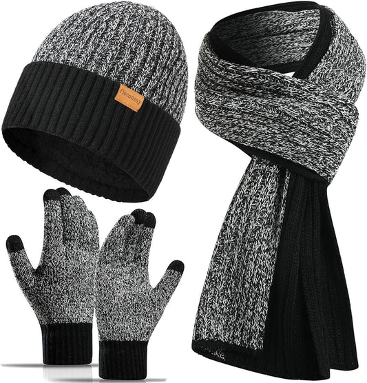 Men's Winter Hat Scarf Gloves Set, 3 PCS Warm Beanie Long Scarf Fleece Lined Touchscreen Gloves for Cold Weather