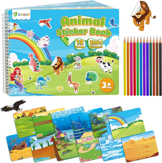 D-FantiX Animal Sticker Book for Kids, Dinosaur Unicorn Mermaid Farm 12 Scenes and 500+ Stickers, Toddler Airplane Travel Road Trip Essentials Activity Book, Arts & Crafts Gift for Ages 3-8