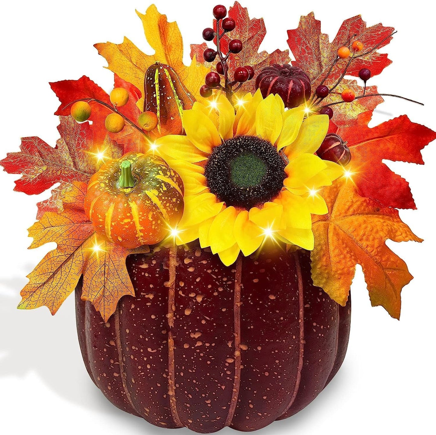 [ Timer & Prelit ]10 Inch Large Lighted Fake Pumpkin Fall Decoraitons for Home, Fall Table Decor Maples Leafed Pumpkins Sunflower Berried Battery Operated Fall Thanksgiving Decorations for Home Indoor