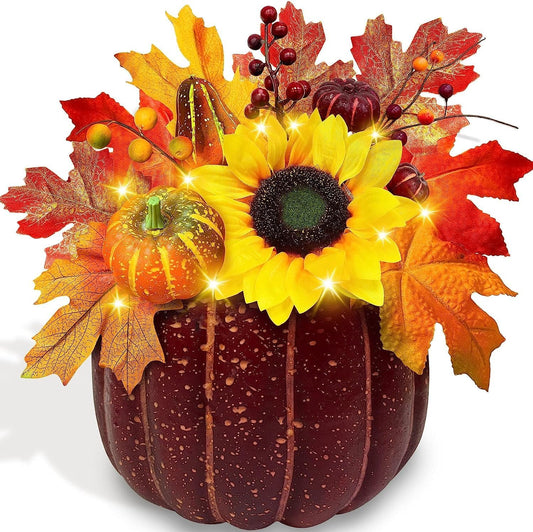 [ Timer & Prelit ]10 Inch Large Lighted Fake Pumpkin Fall Decoraitons for Home, Fall Table Decor Maples Leafed Pumpkins Sunflower Berried Battery Operated Fall Thanksgiving Decorations for Home Indoor