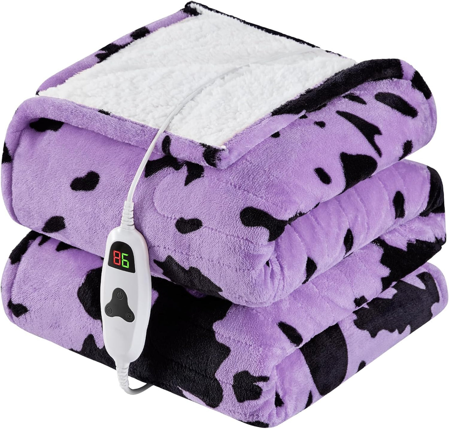 Cow Print Heated Electric Blanket Twin Size,62X84 Purple Heating Blanket with 10 Heats Levels & 8 Hours Auto Off,Highland Cow Fleece Sherpa Blankets Warmer Gifts for Women Adults Couch,Washable,ETL