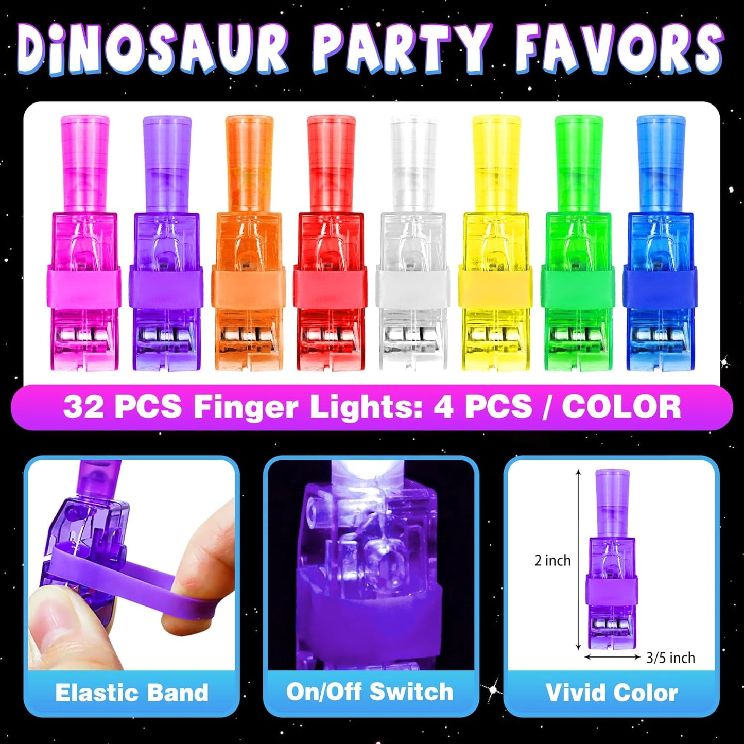 32 Finger Lights Dinosaur Party Favors Birthday Decorations, Goodie Bags Pinata Stocking Stuffers Fillers Dinosaur Toys Bulk Christmas Stuff for Kids 3 4 5 7 Light Up Party Supplies Classroom Prizes