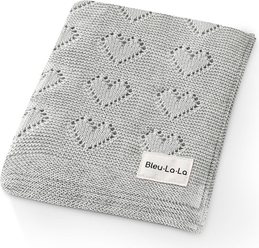 100% Cotton Unisex Knit Swaddle Baby Blanket for Girls and Boys - Soft Warm Cozy Swaddler Receiving Cuddle Stroller Crib Heart Blanket for Newborns, Infants Toddlers (Grey, 0-2 Years)