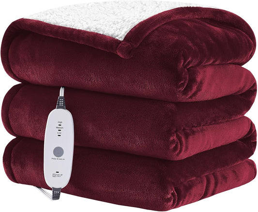 Heated Throw Blanket Flannel Electric Blanket Throw with 4 hrs Timer Auto-Off & 3 Heating Levels Sherpa Heated Blankets with Overheating Protection,72"x84",Red