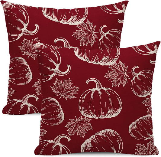 Fall Decor Pillow Covers 18x18 Set of 2 Burgundy Red Pumpkin Maple Leaf Throw Pillow Covers Outdoor Autumn Thanksgiving Pumpkin Pillowcase for Decorative Linen Cushion Covers for Home Couch