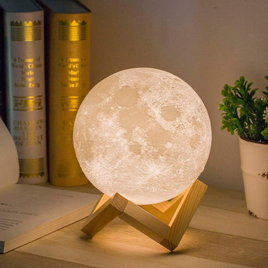 Mydethun 3D Moon Lamp, 5.9" Night Light with Wooden Base, Touch-Dimmable & Rechargeable, Dual-Color White/Warm Yellow — Gift for Mom, Bedroom/Home Décor