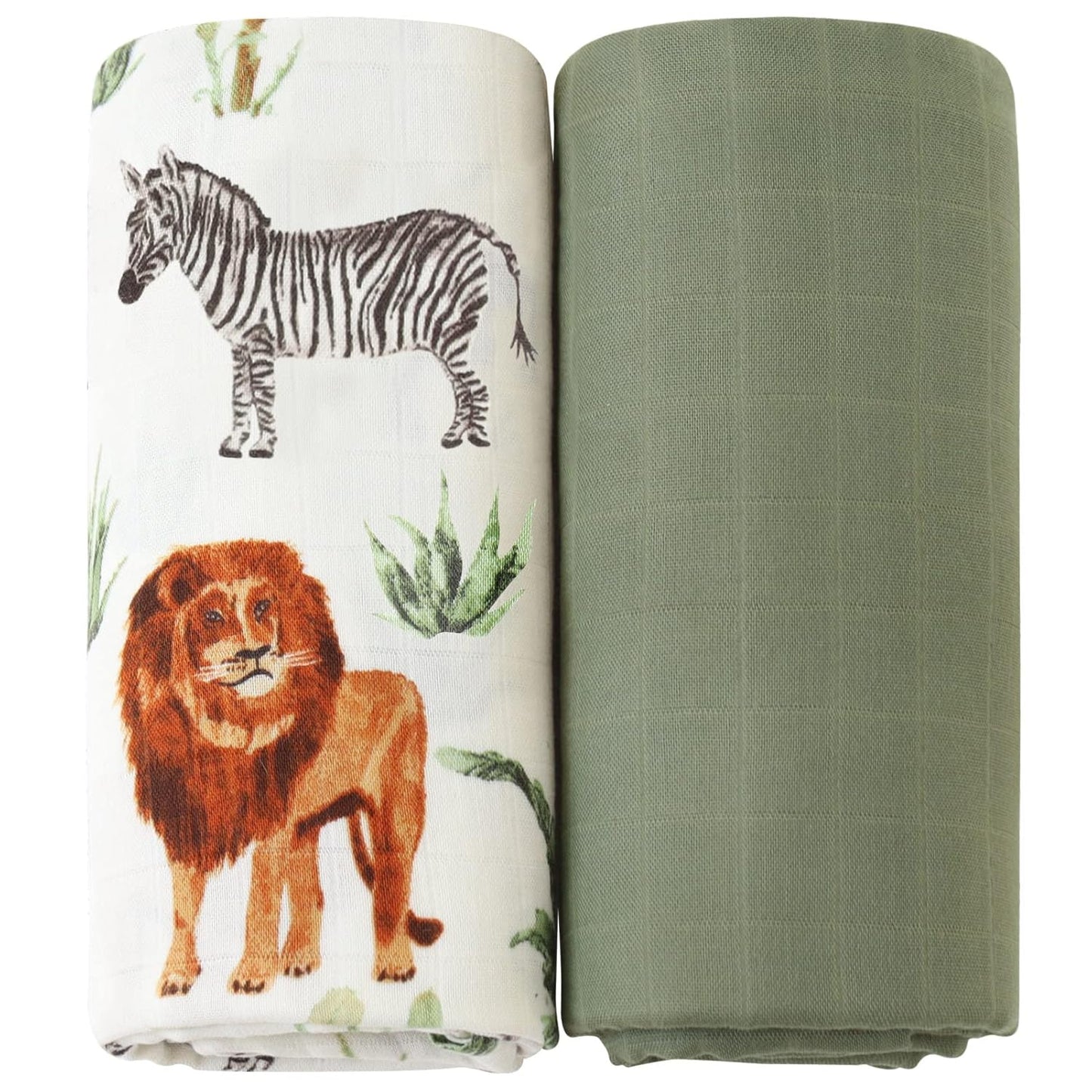 LifeTree Muslin Swaddle Blankets, Woodland Baby Swaddling Receiving Blanket for Boys & Girls, 70% Viscose from Bamboo and 30% Cotton, Large 47 x 47 inches Safari Jungle/Olive Green