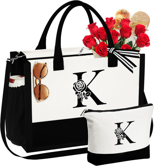 YOOLIFE Gifts for Women - Initial Canvas Tote Bag & Makeup Bag Birthday Gifts for Women Wife Mom Friend Teacher Sister