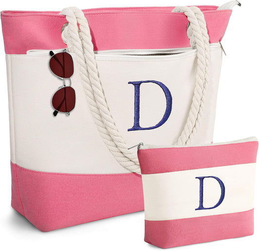 YOOLIFE Beach Bags for Women - Initial Canvas Tote Waterproof Bag with Makeup Bag Gifts for Women Mom Friend Birthday Her