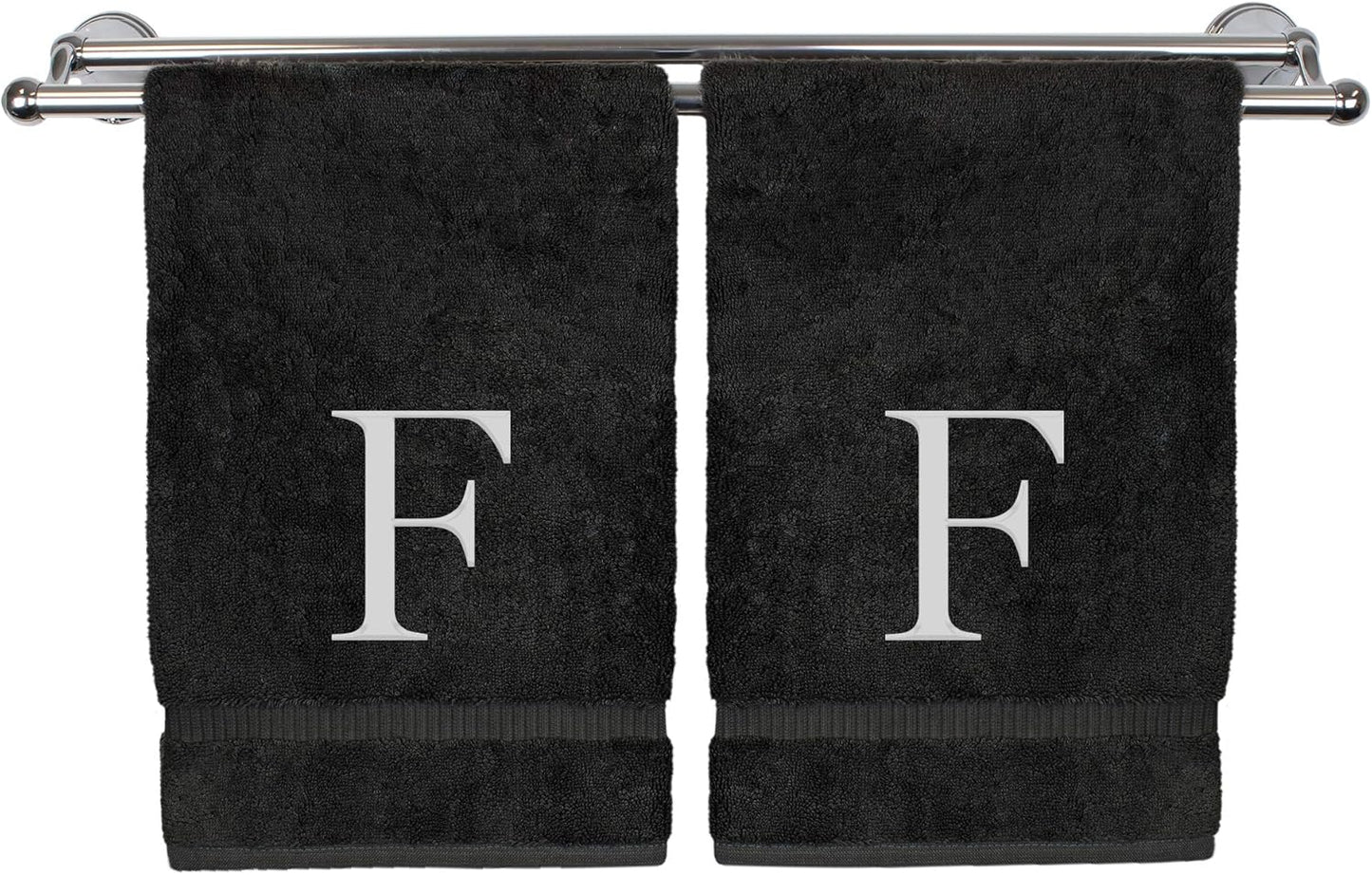 Monogrammed Hand Towel, Personalized Gift, Set of 2- White Block Letter Embroidered Towel - Extra Absorbent 100% Turkish Cotton - Soft Terry Finish - Initial F Black