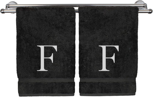 Monogrammed Hand Towel, Personalized Gift, Set of 2- White Block Letter Embroidered Towel - Extra Absorbent 100% Turkish Cotton - Soft Terry Finish - Initial F Black