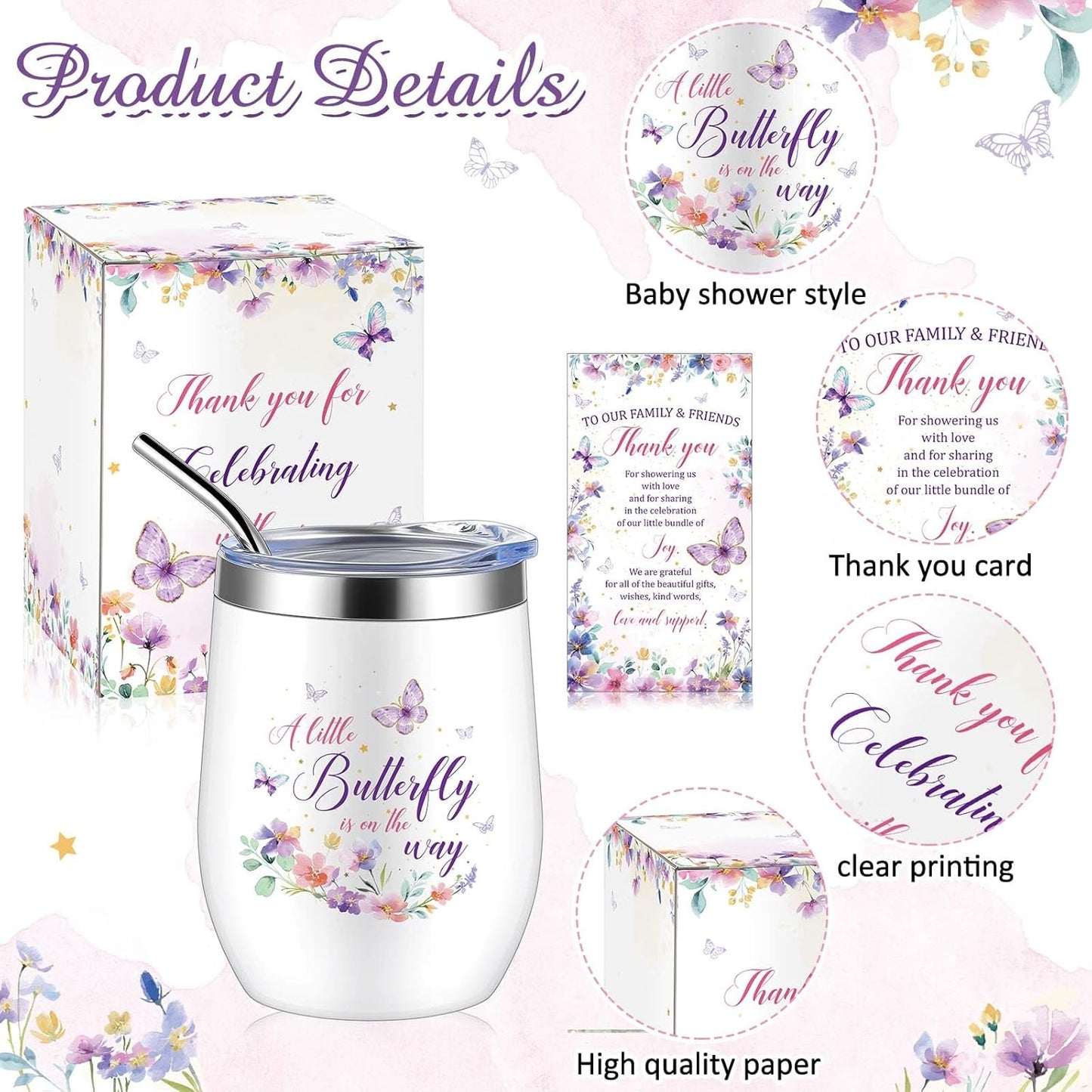 Hoolerry 6 Set Baby Shower Game Prizes for Guests Winners 12 oz Insulated Stainless Steel Tumbler Cup with Lids, Straws, Cleaning Brush, Cards & Boxes Return Gifts(Purple,Butterfly)