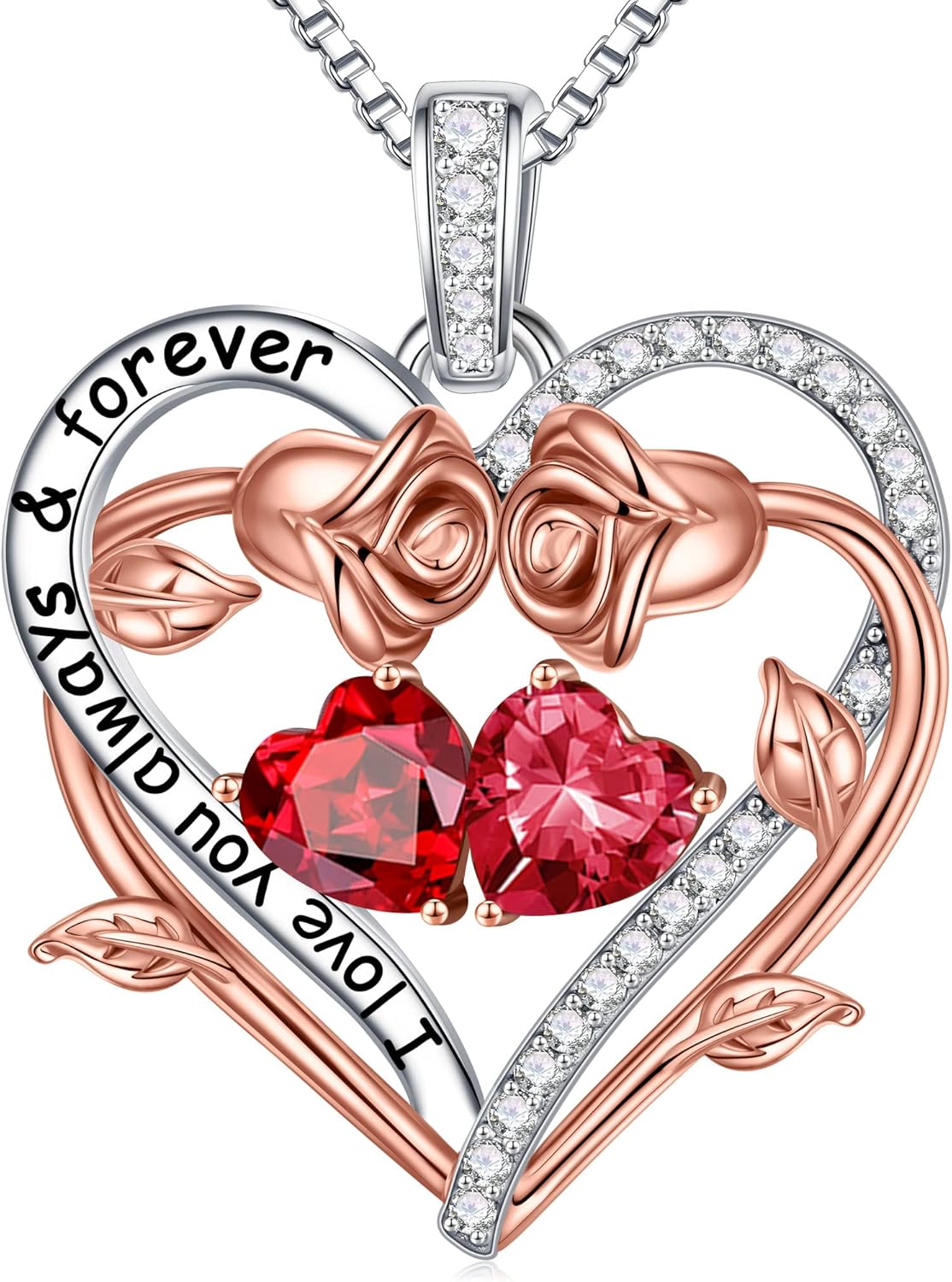 Iefil Rose Heart Double Birthstone Necklace Gifts for Wife Her Mom Women, Birthstone Jewelry Gemstone Birthday Gifts for Girlfriend Grandma Her Wife Women