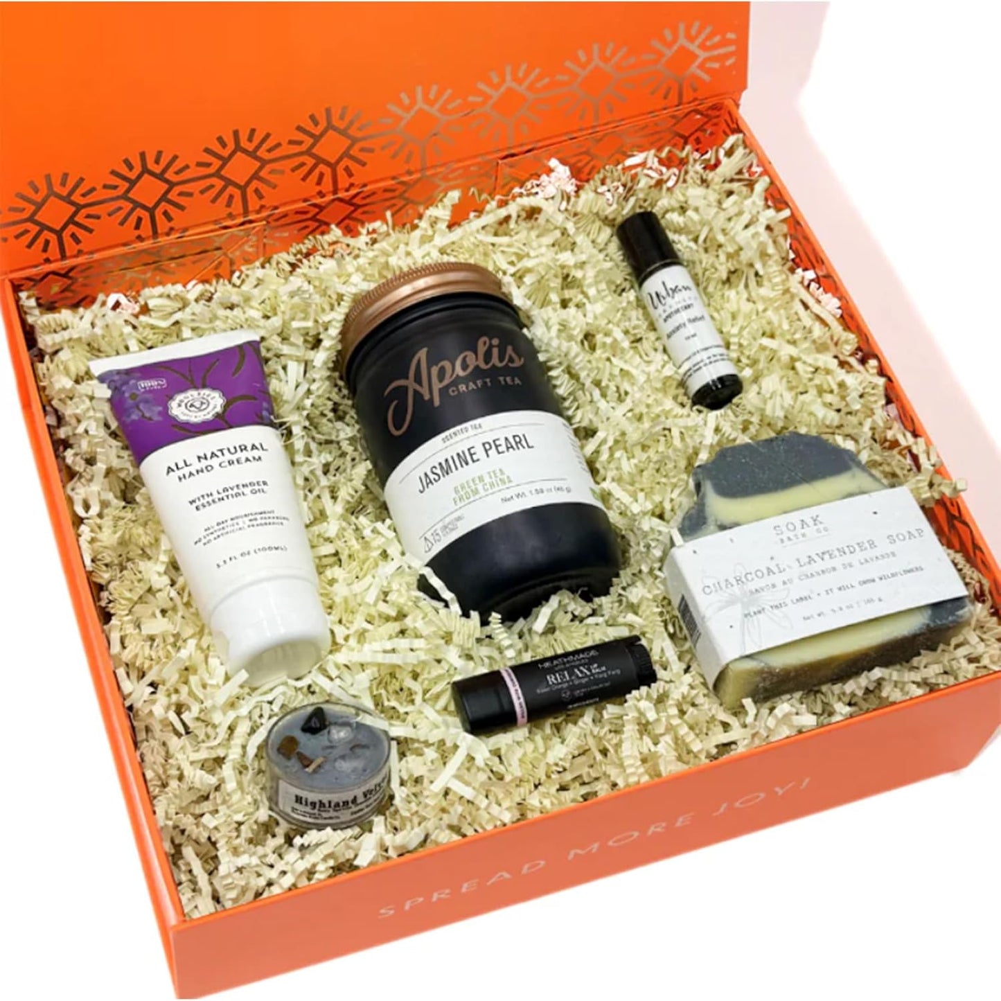 Joyful Co. Self Care Gift Box - Include Jasmine Pearl Tea, Pistachio Cherry Cookies, Charcoal Lavender Soap, Hydrating Lip Balm & More, Premium Relaxing & Calming Gift For Family, Friends, or Yourself