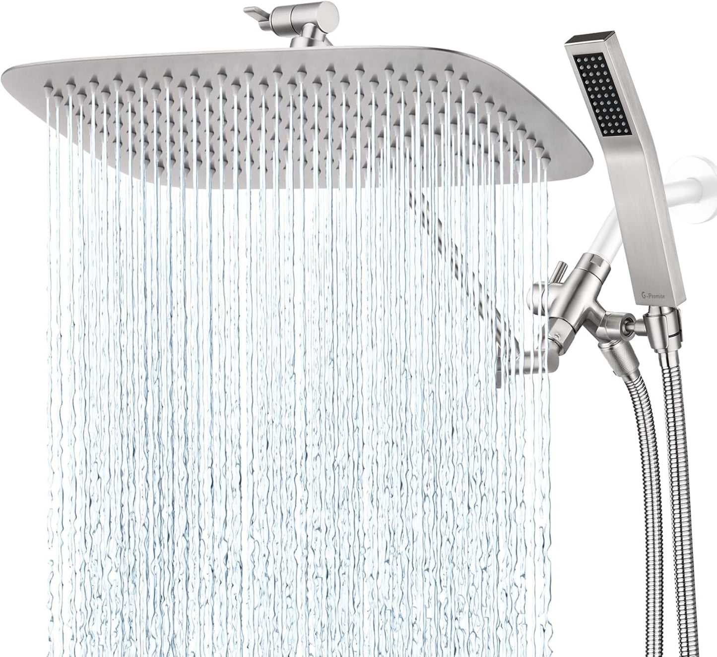 G-Promise All Metal 14 Inch Dual Square Shower Head with Handheld Spray Combo, Rain Shower Head, Adjustable Extension Arm, 3-Way Diverter, 71 Inch Extra Long Hose - A Bathroom Upgrade(Brushed Nickel)