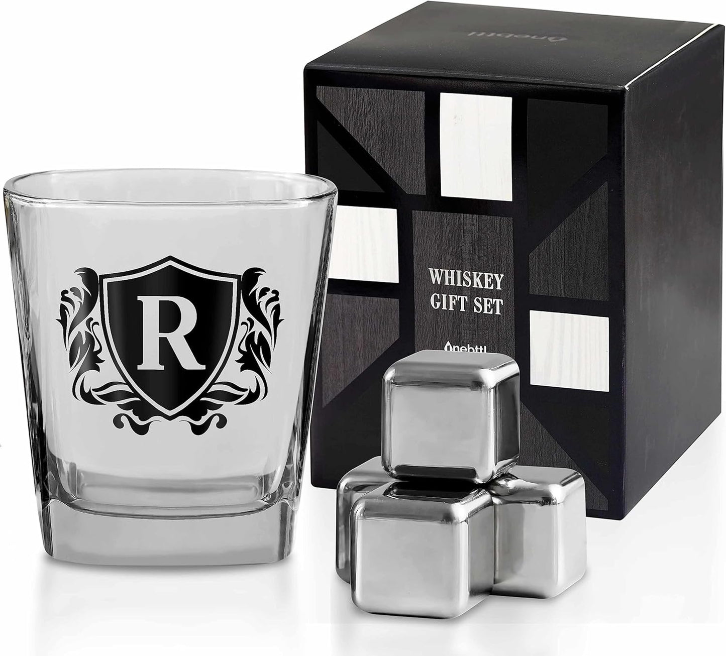 Whisky Gifts for Men, Personalized Initial Whiskey Glass with Whiskey Stones for Dad, Boyfriend, Best Friends, Coworkers, Husband, Brother, Uncle and Boss on Father's Day, Boss Day and Birthday - R