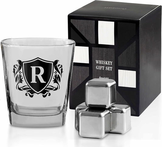 Whisky Gifts for Men, Personalized Initial Whiskey Glass with Whiskey Stones for Dad, Boyfriend, Best Friends, Coworkers, Husband, Brother, Uncle and Boss on Father's Day, Boss Day and Birthday - R