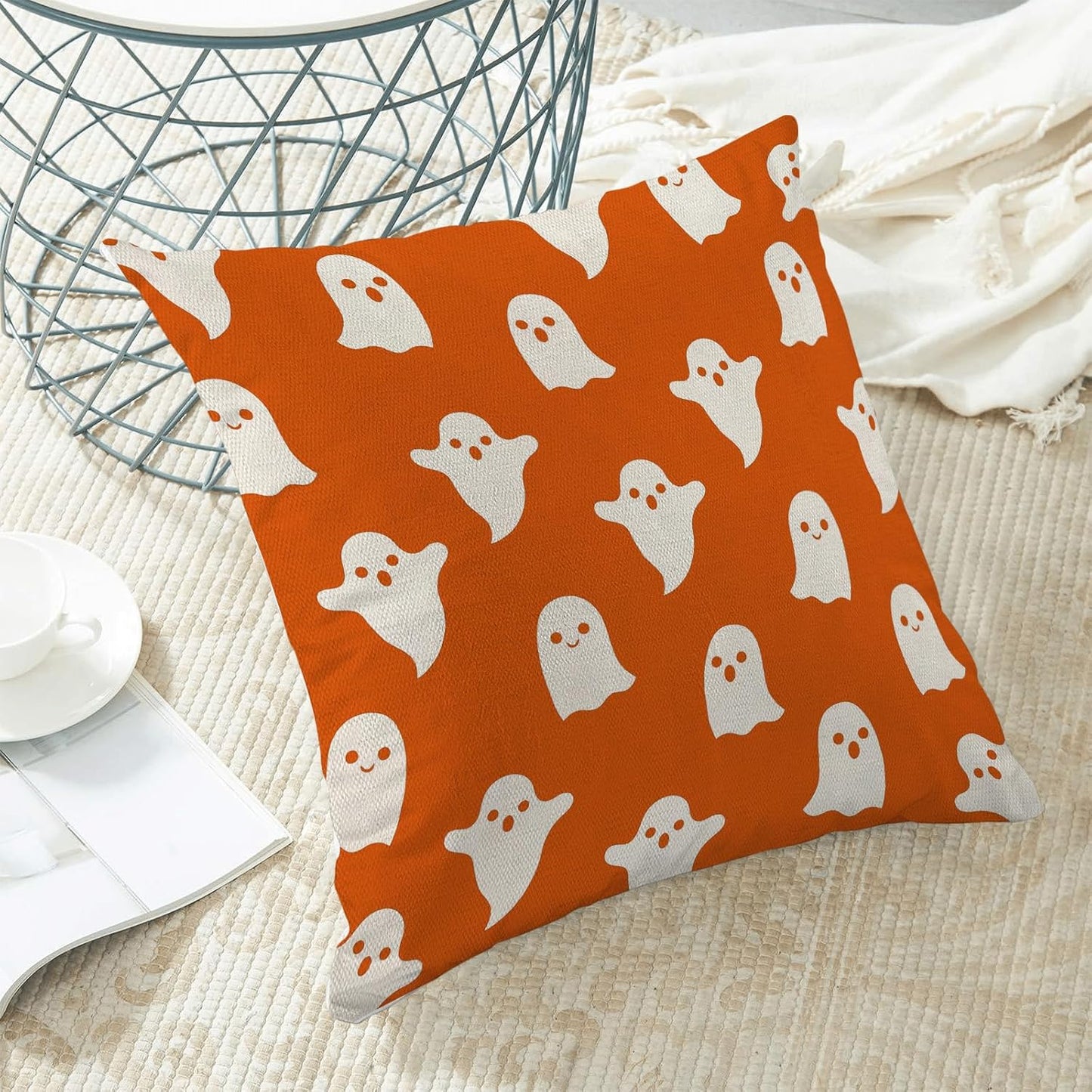 Halloween Pillow Covers Set of 2 - 18x18 Orange Cute Ghost Throw Pillow Covers for Decorative Linen Cushion Case for Home Couch Sofa Outdoor Decor